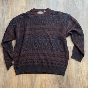 David Taylor Vintage Mens XL Geometric Intarsia Knit Sweater Brown Black Korea